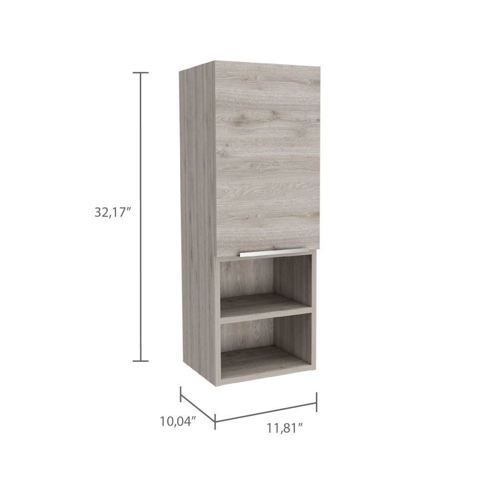 Light oak tall bathroom cabinet with one door and two open shelves  high