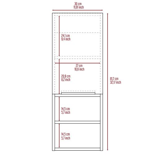 Technical drawing of a narrow bookshelf cm wide and cm tall