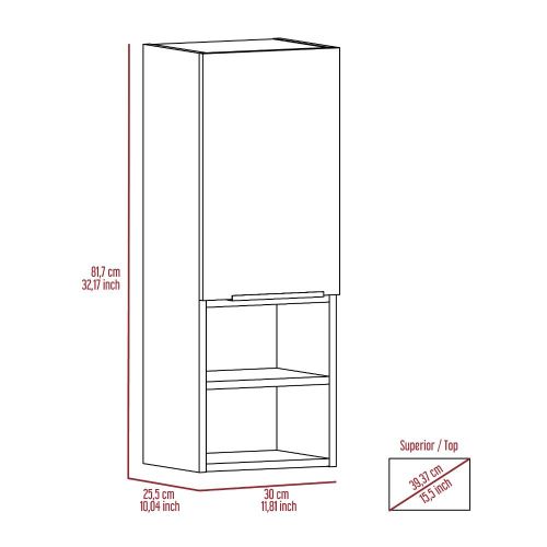 Tall narrow modern wall cabinet with two open shelves and a single door for storage