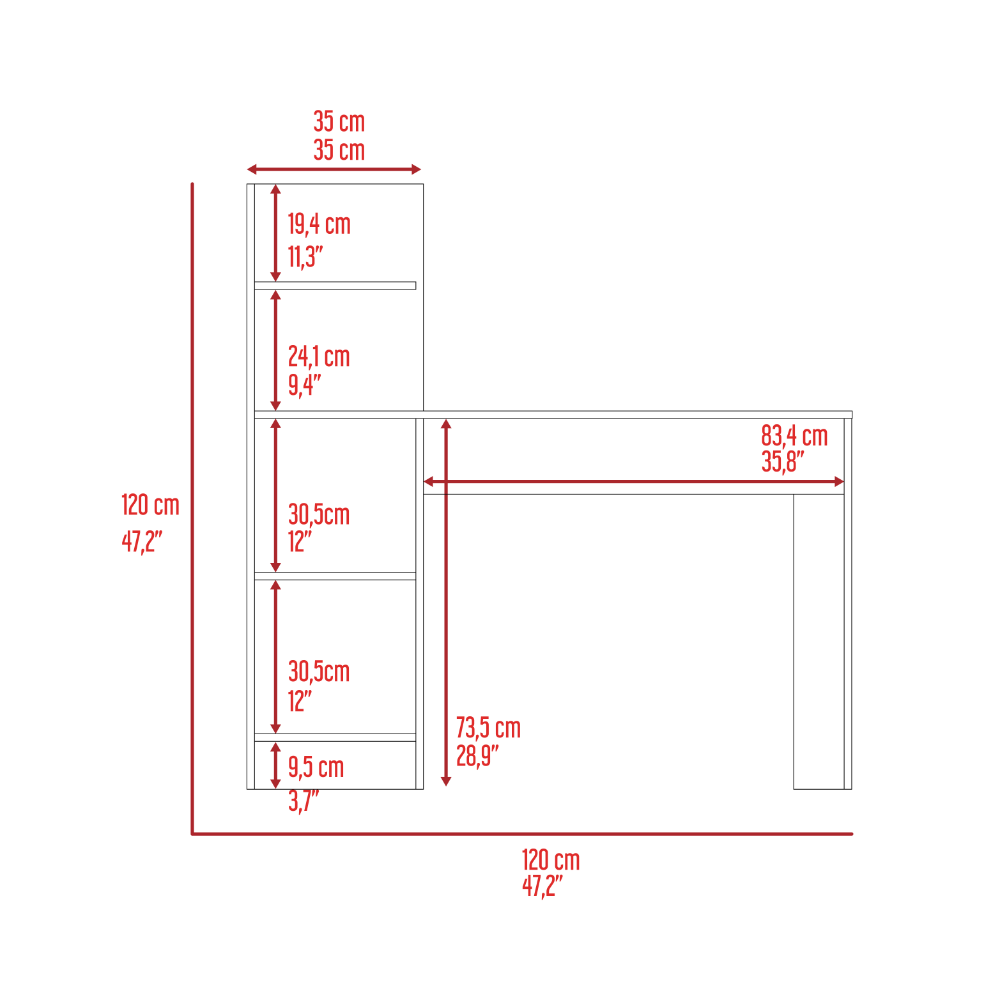 White Lshaped desk with  shelves cm height Includes dimensions