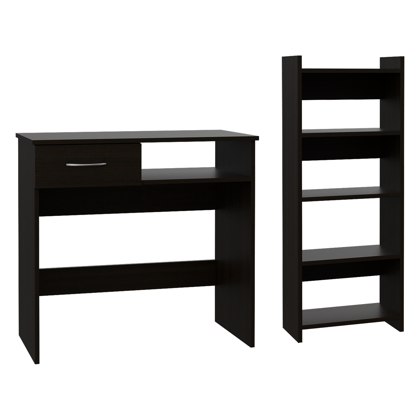 Dark brown laminate desk with a single drawer and open shelving ideal for home office use