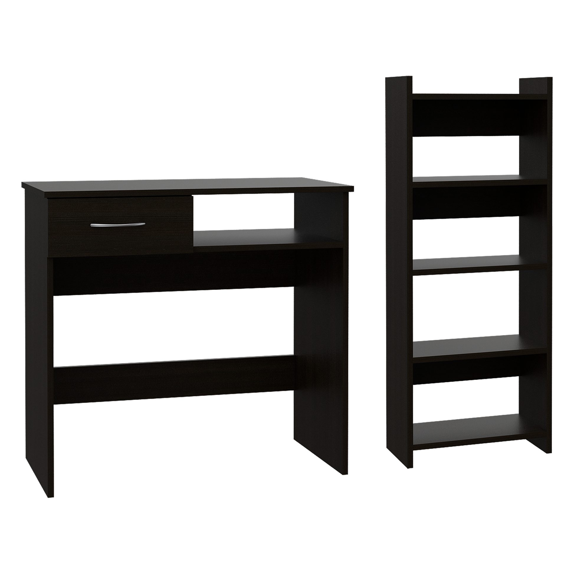 Dark brown laminate desk with a single drawer and open shelving ideal for home office use