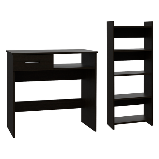 Dark brown laminate desk with a single drawer and open shelving ideal for home office use