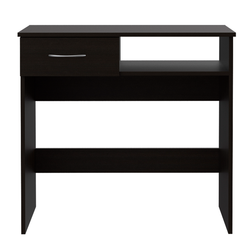 Dark brown particleboard console table with one drawer and open shelf