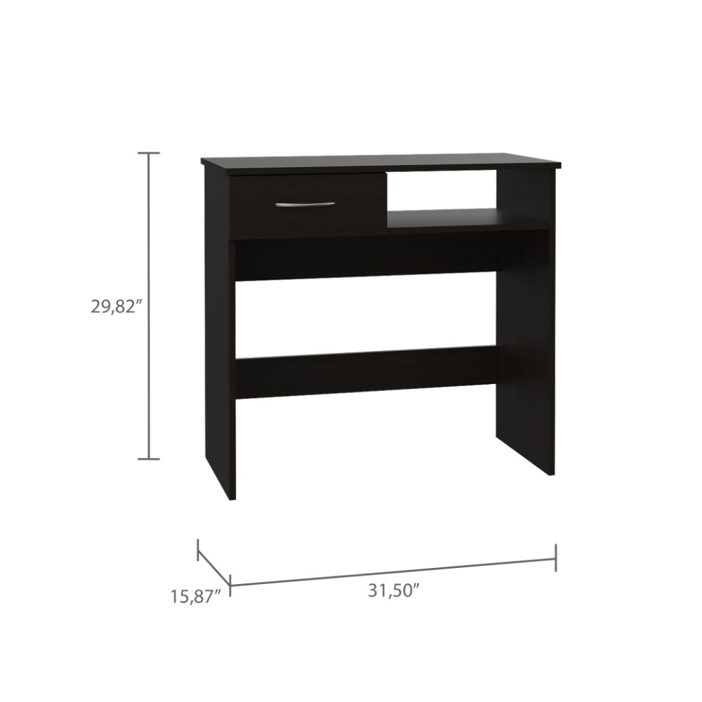 Dark brown modern writing desk with one drawer and an open shelf
