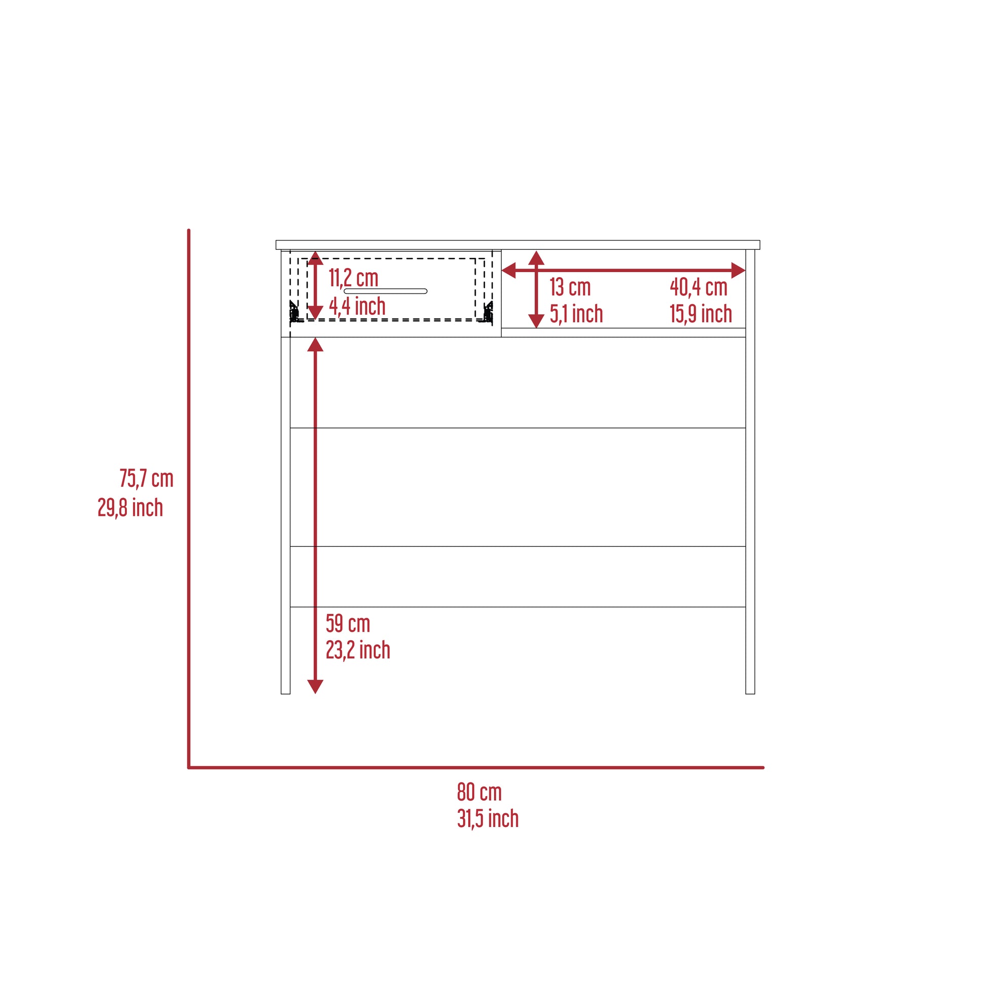Technical drawing showing dimensions of a white dresser Height  cm Width  cm