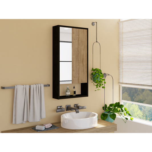 Tall narrow bathroom medicine cabinet with a dark frame oak wood door and mirror