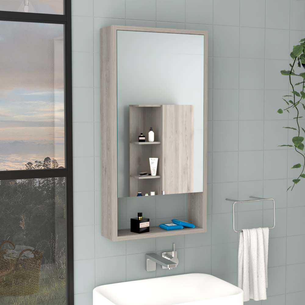 Light oak medicine cabinet with mirrored door and open shelving