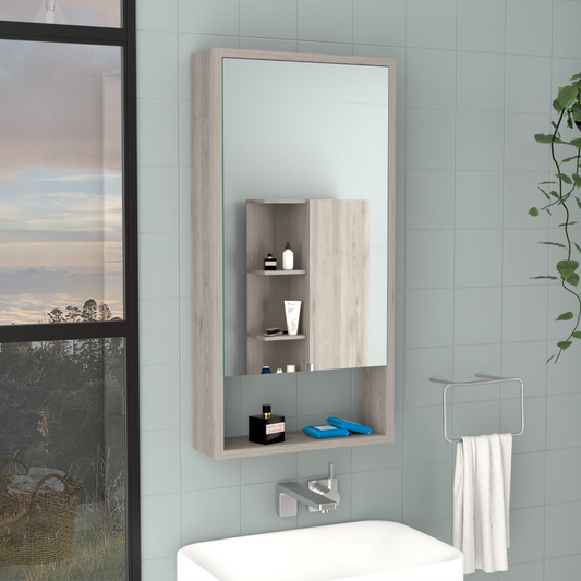 Light oak medicine cabinet with mirrored door and open shelving