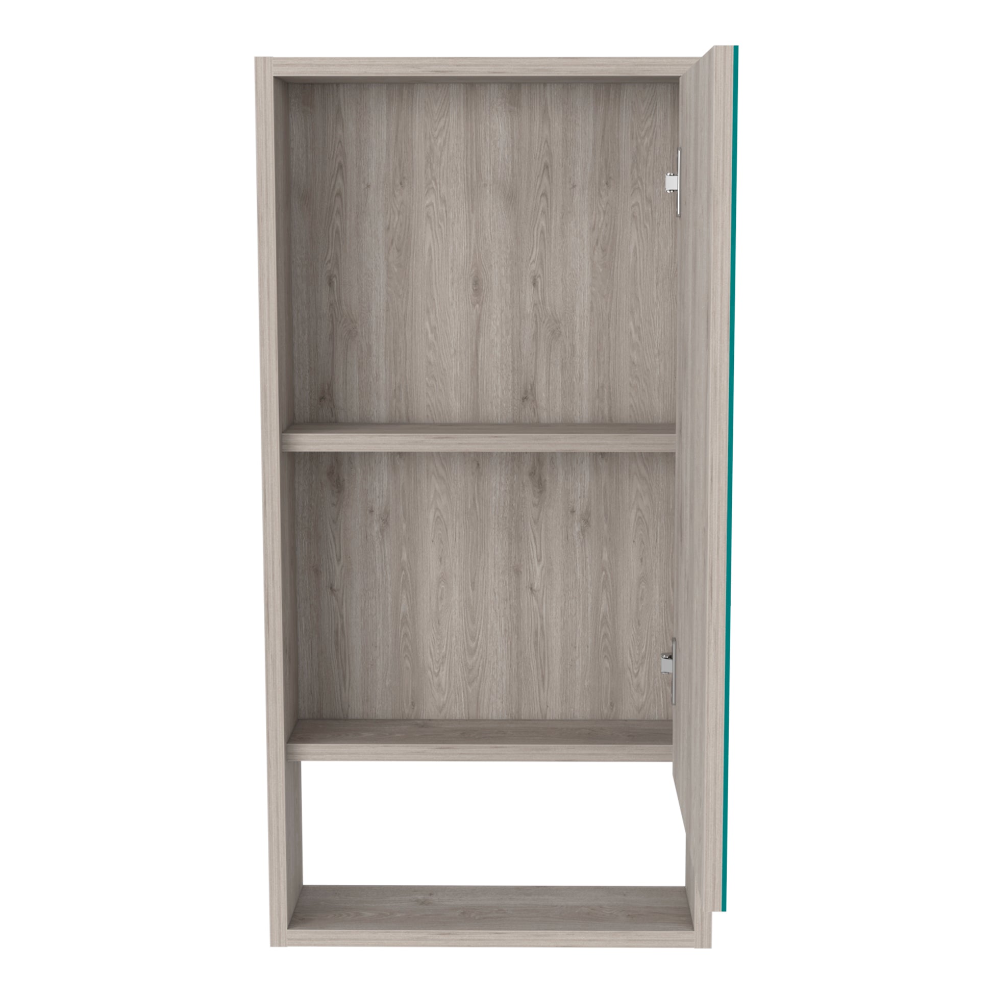 Modern wood grain cabinet with teal accent open and empty interior for storage