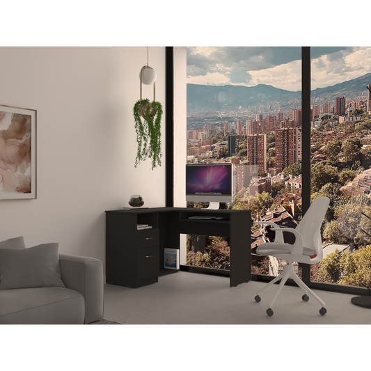 Modern dark brown Lshaped computer desk with drawers and shelves