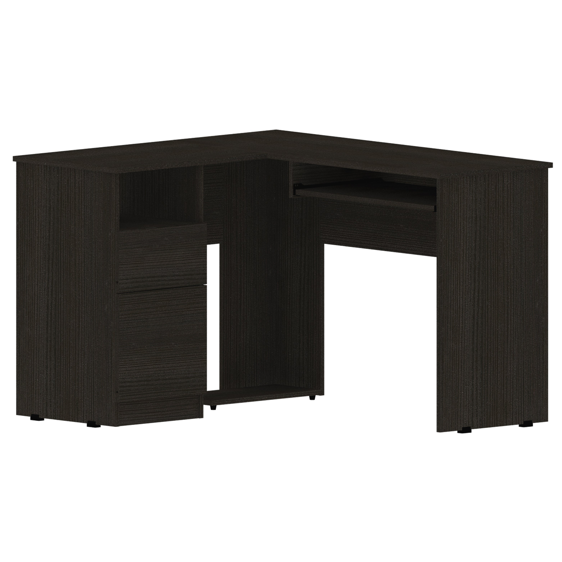 Dark brown Lshaped computer desk with keyboard tray and drawers