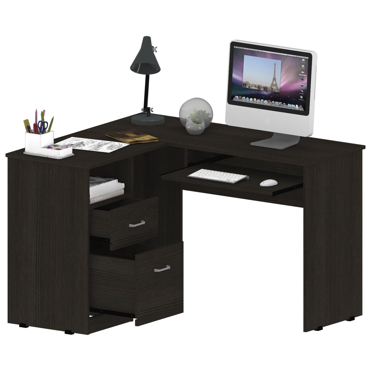 Dark brown Lshaped computer desk with keyboard tray and storage drawers