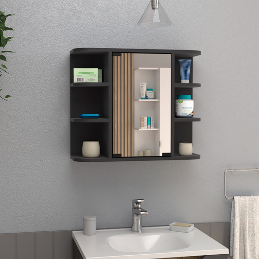 Dark grey bathroom medicine cabinet with mirrored door and open shelves holding toiletries