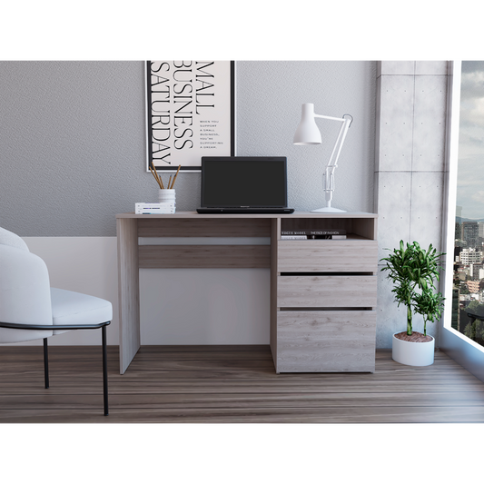 Light wood desk with laptop and drawers modern home office setup