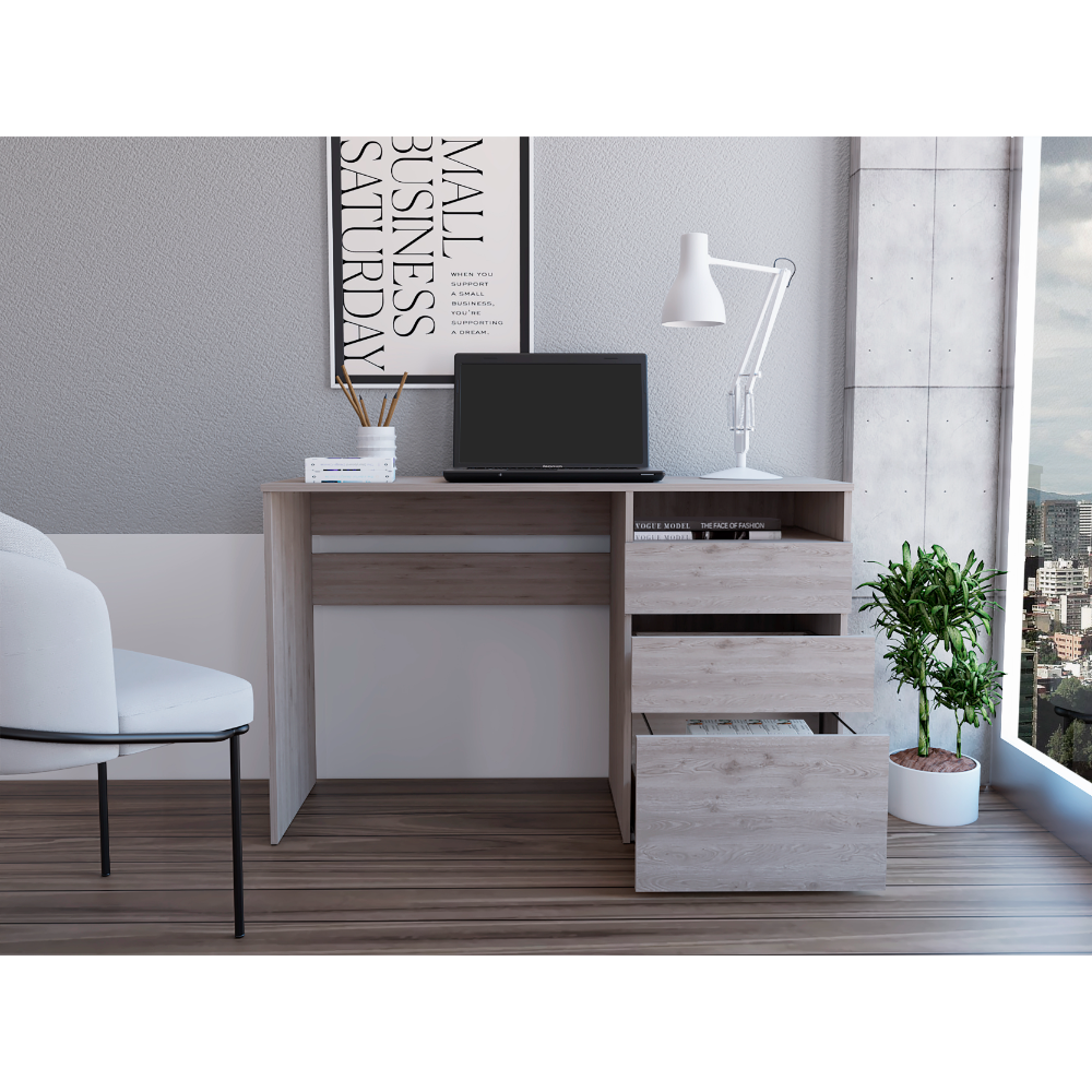 Light oak laminate desk with three drawers and open shelf ideal for home office setup