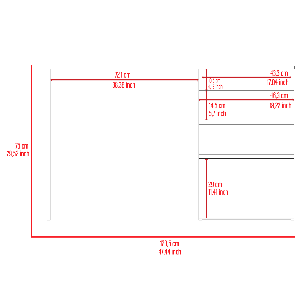 Technical drawing of a desk showing dimensions  cm width  cm height