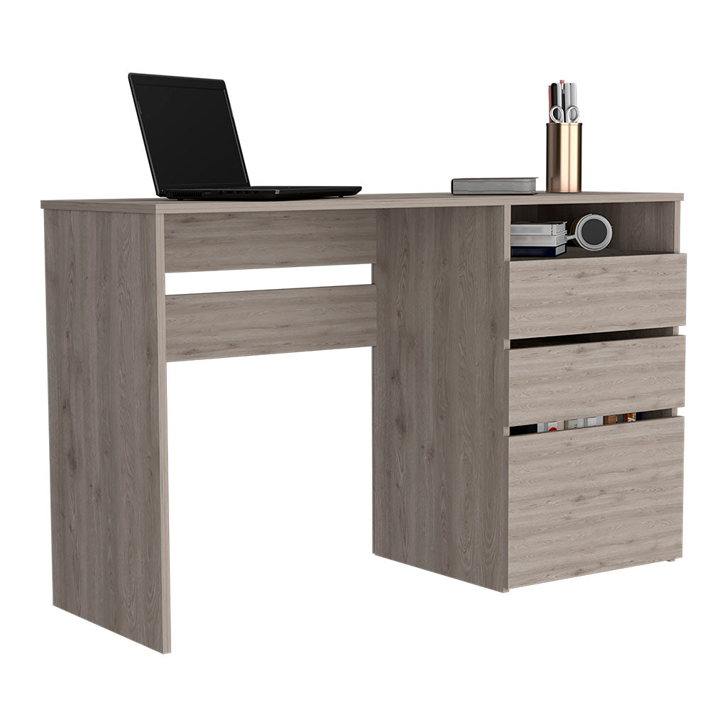 Modern grey wood desk with open shelf three drawers and laptop for home office