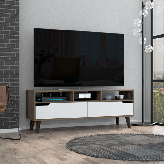 Modern TV stand with white drawers and oak finish in a living room