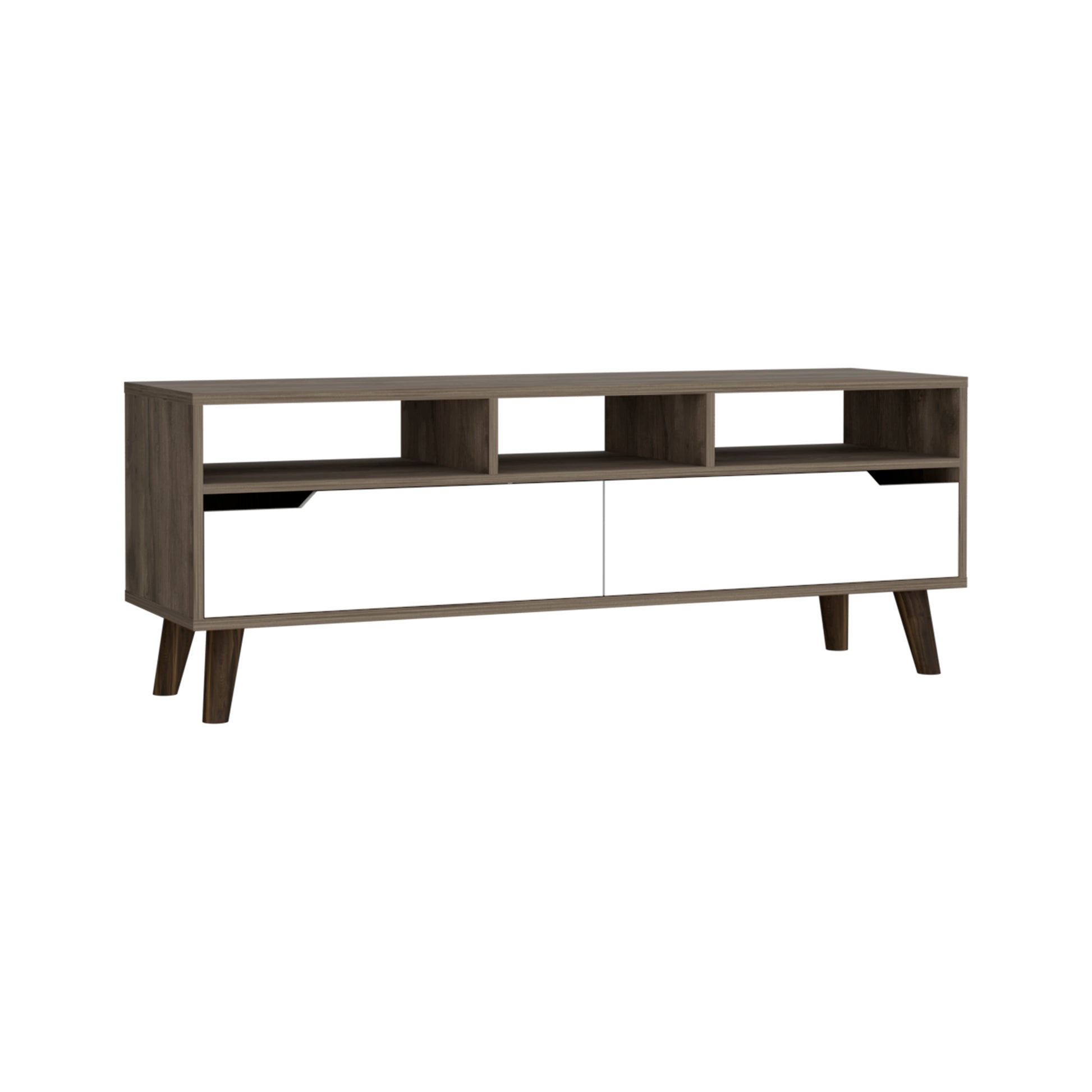 Midcentury modern TV stand with two white drawers and open shelving in wood grain finish
