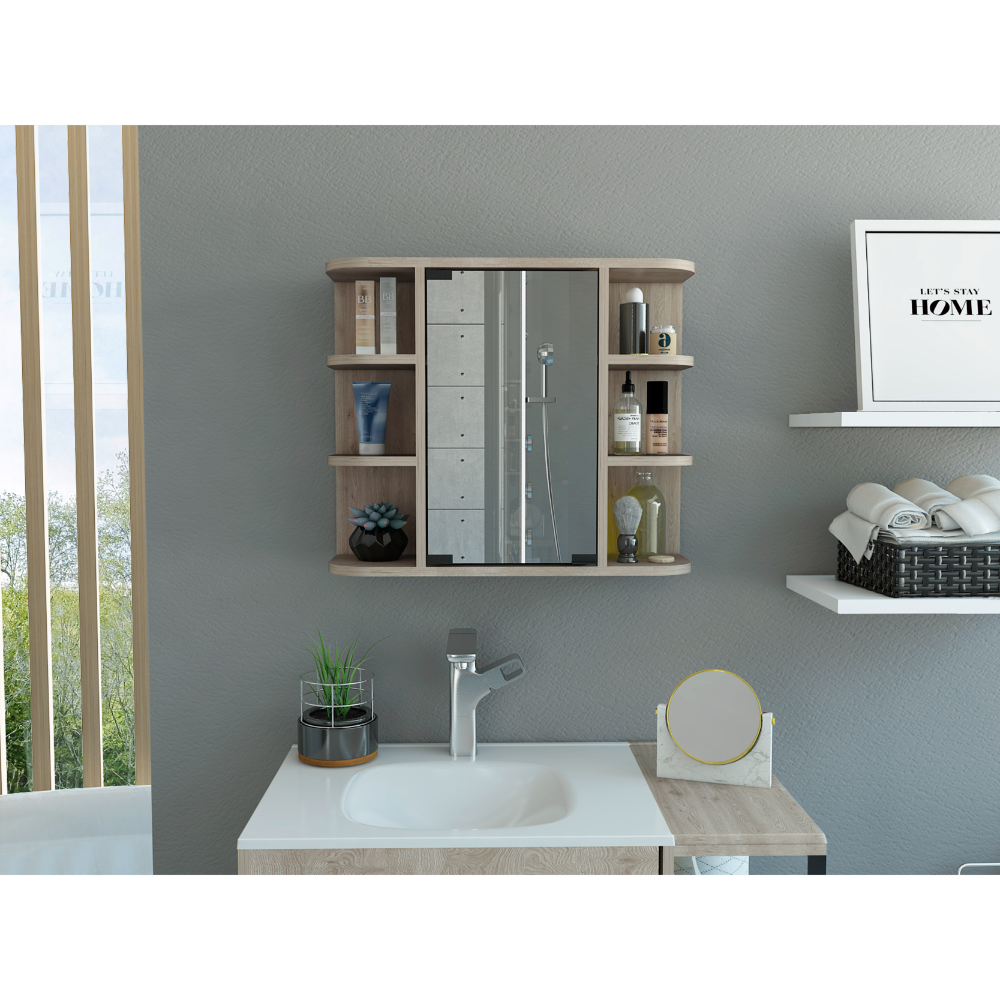 Modern light oak medicine cabinet with mirrored doors and open shelving