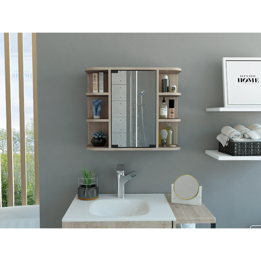 Modern light oak medicine cabinet with mirrored doors and open shelving