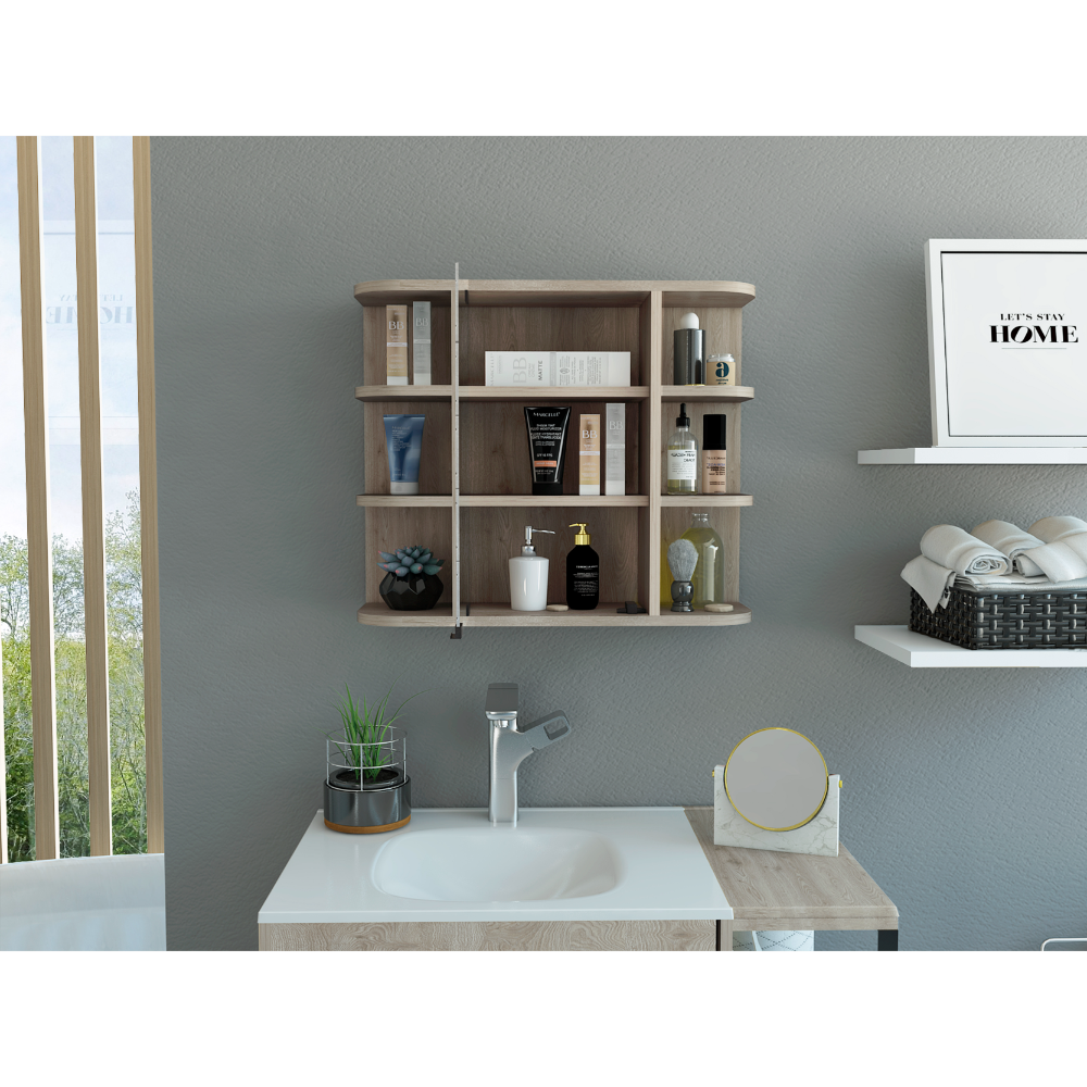 Wooden wallmounted bathroom organizer with assorted toiletries and decorative items