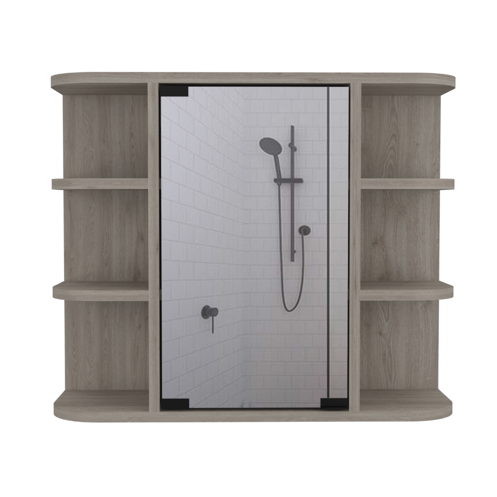 Grey wood medicine cabinet with integrated mirror showcasing shower fixtures and tiled wall