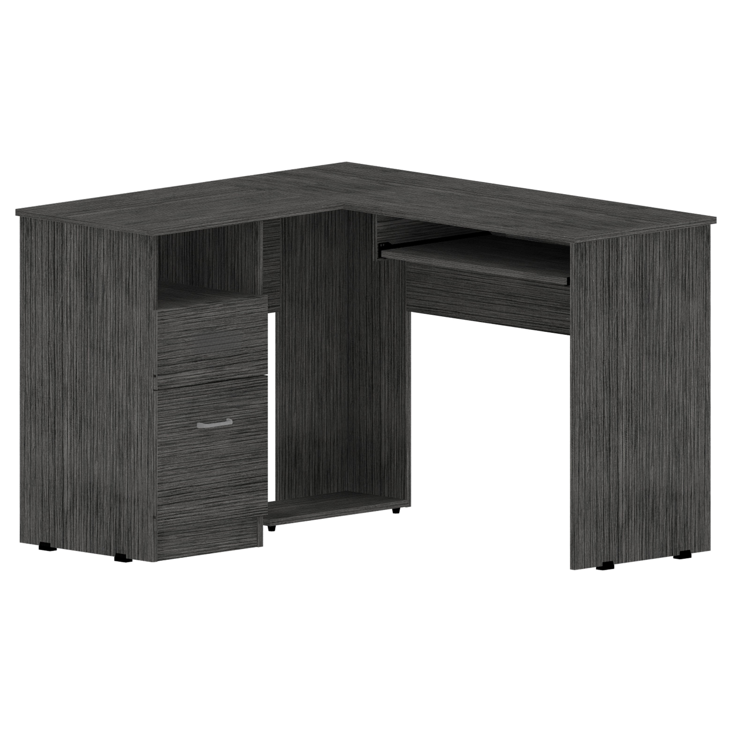 Dark grey wood grain Lshaped desk with keyboard tray and storage drawers