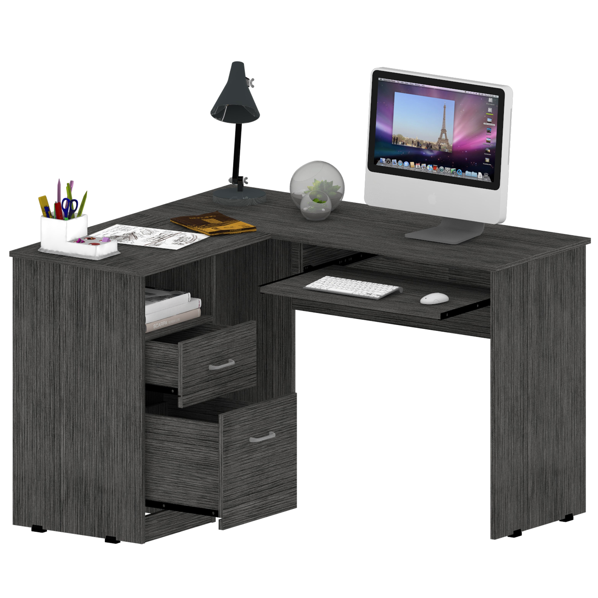 Dark gray Lshaped computer desk with pullout keyboard tray and drawers