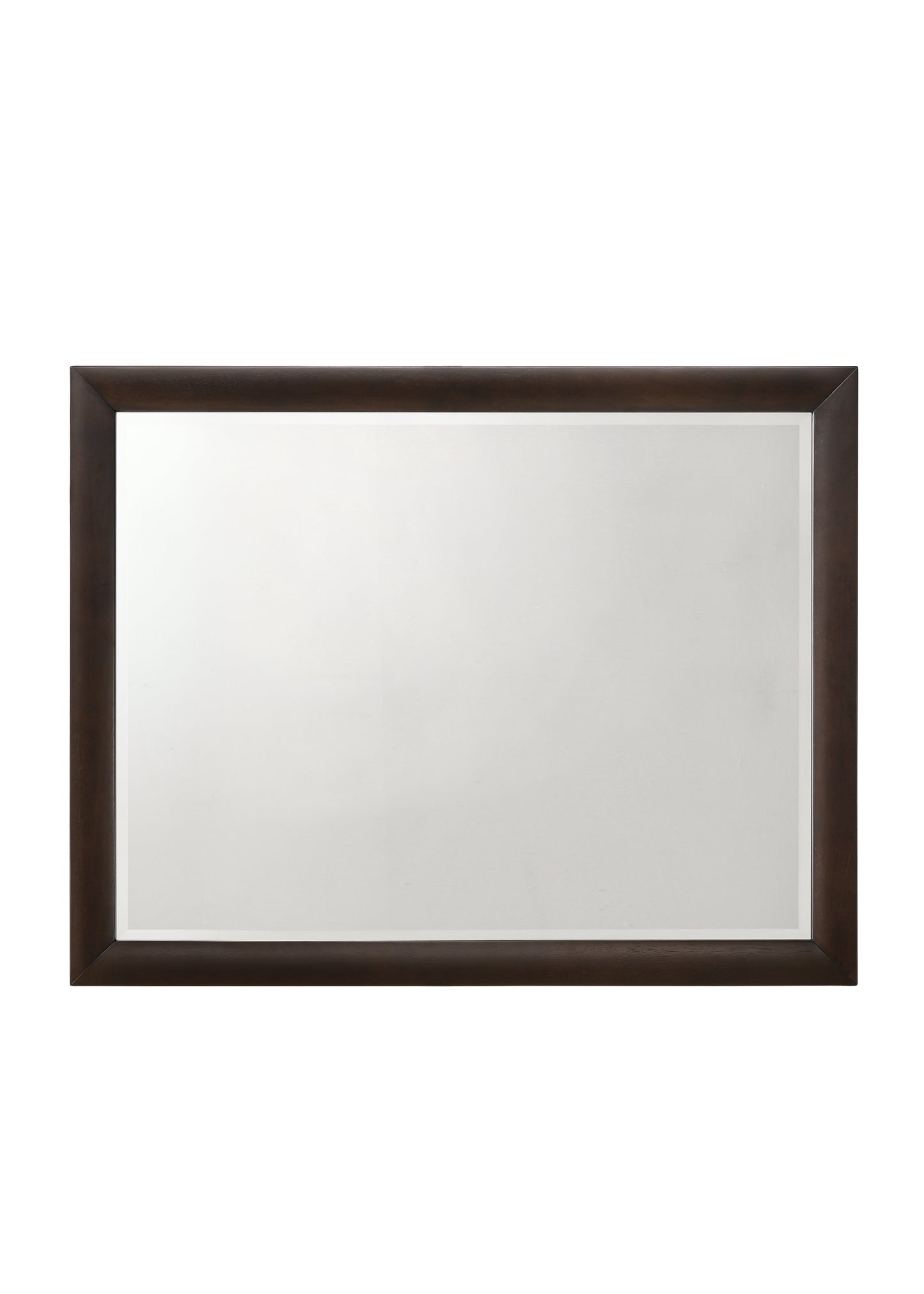 Rectangular bathroom mirror with a dark brown wooden frame
