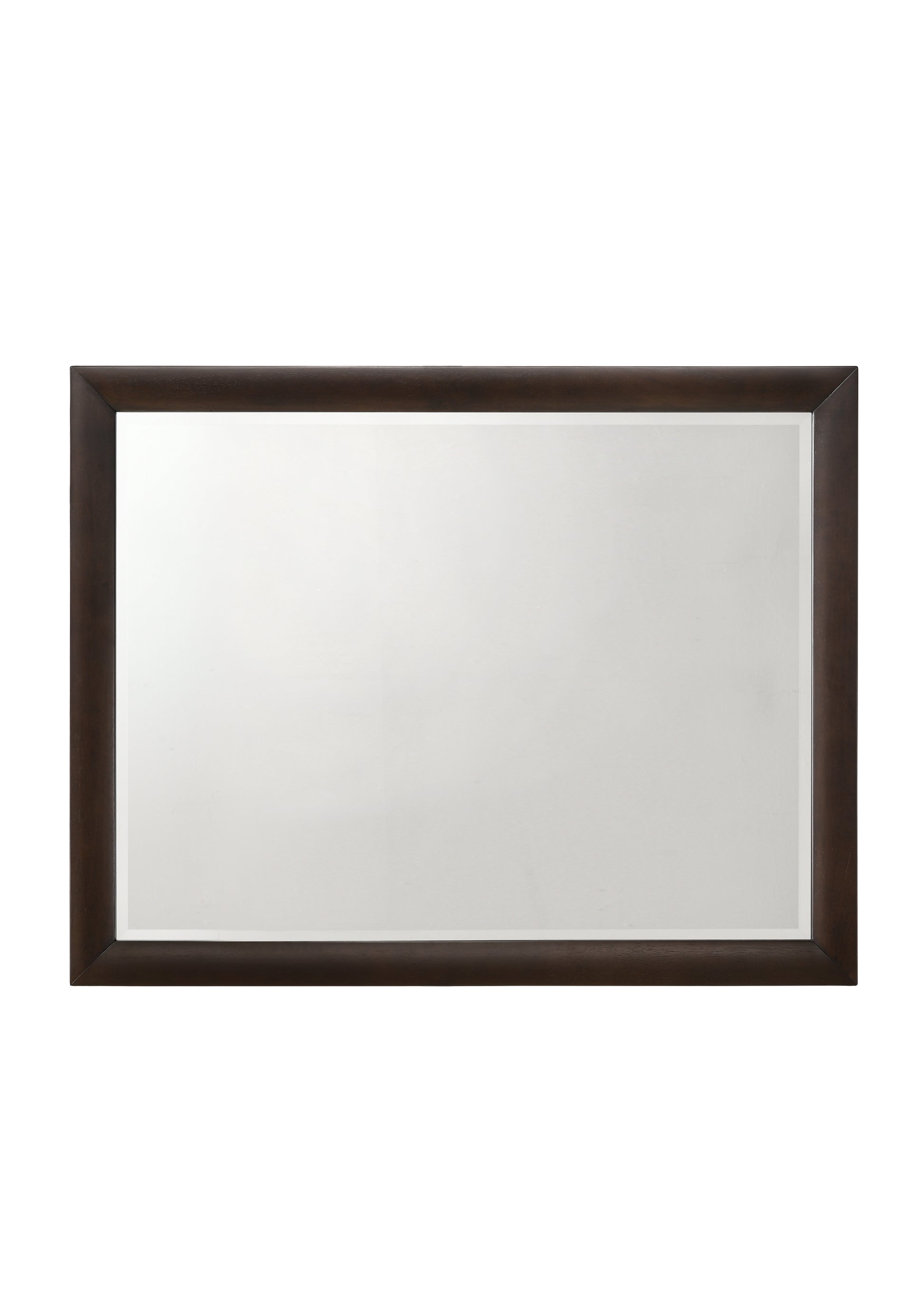 Rectangular bathroom mirror with a dark brown wooden frame