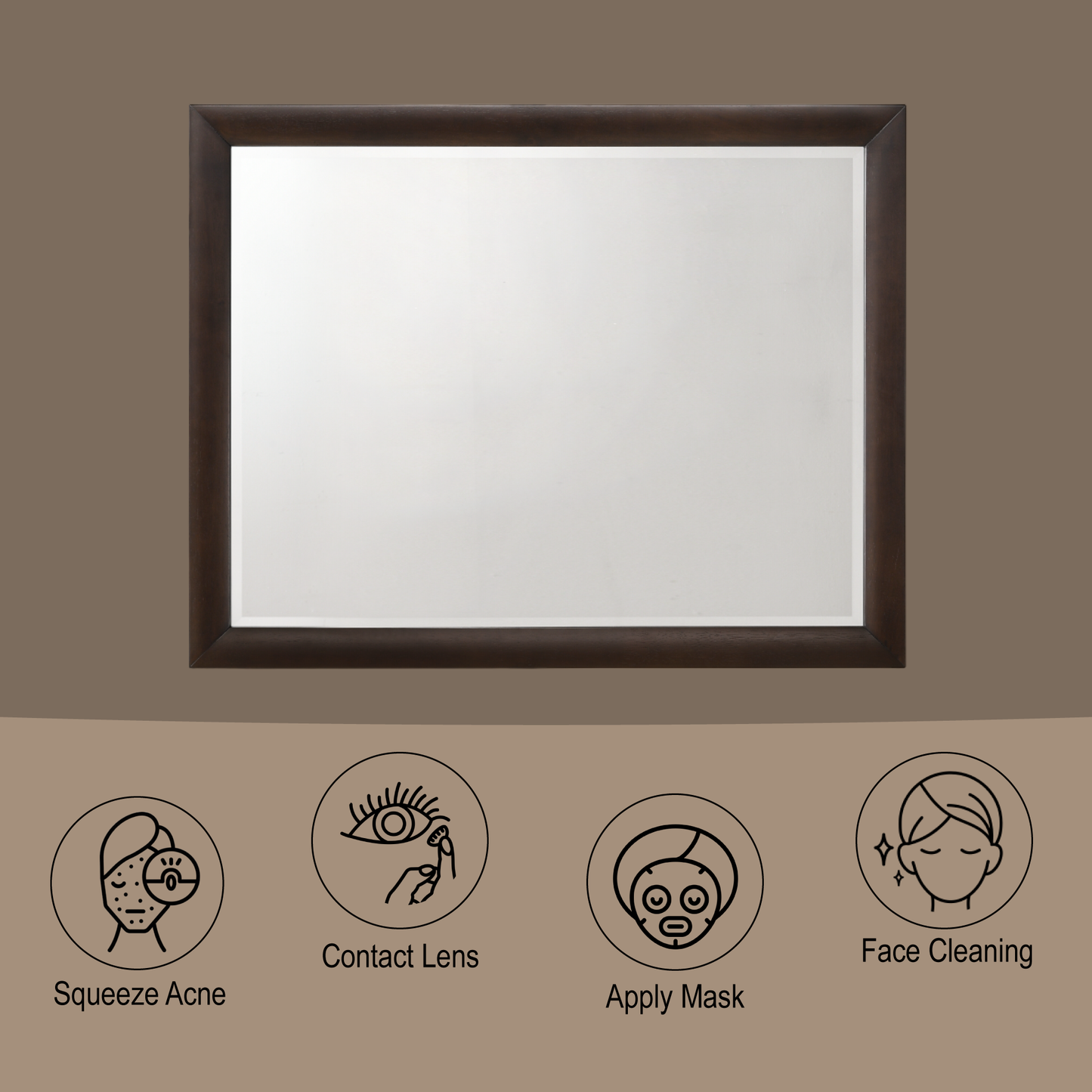 Dark wood framed bathroom mirror