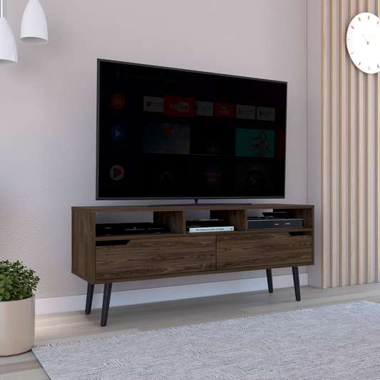 Modern dark wood TV stand with tapered legs featuring open shelving and two drawers for media storage