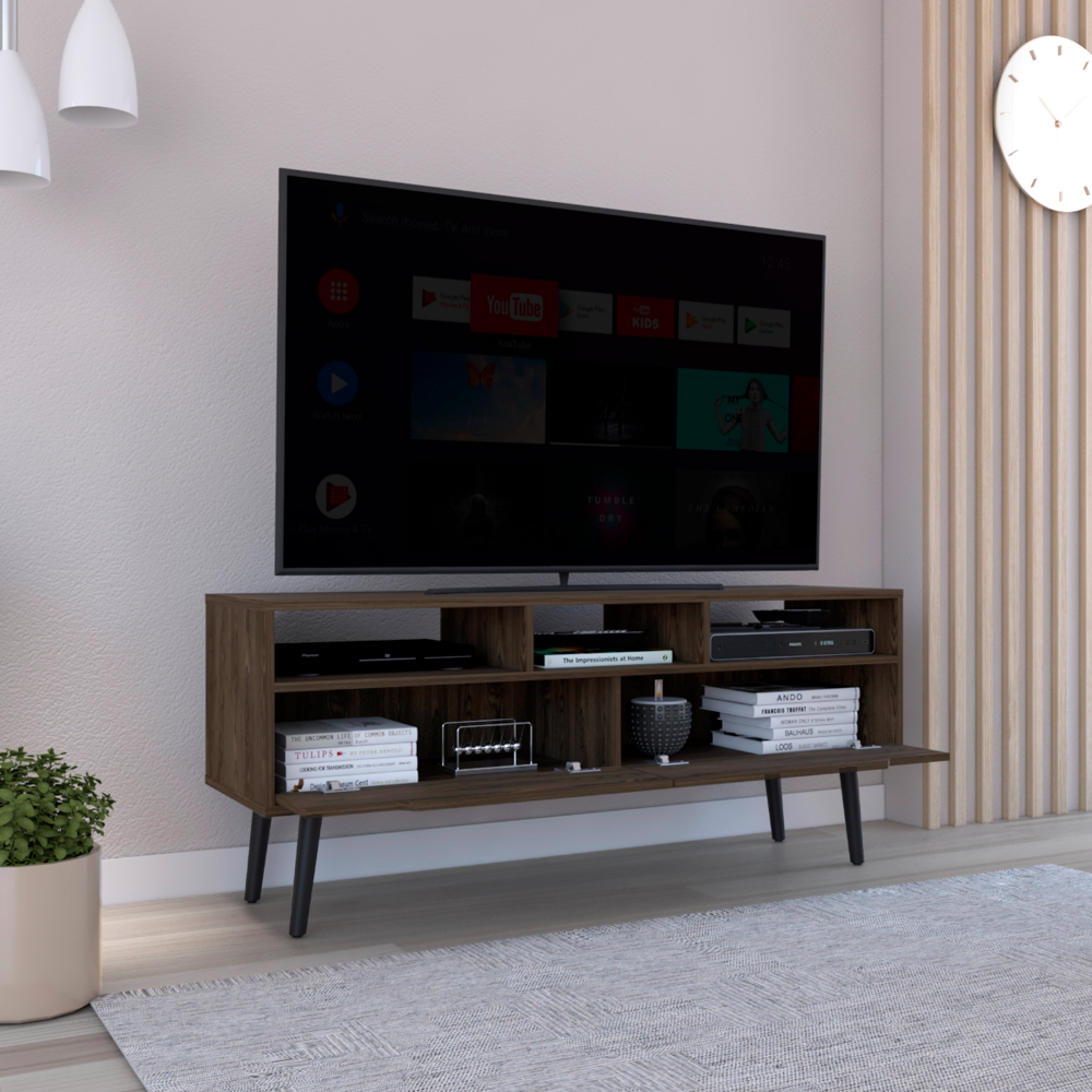 Dark wood TV stand with open shelves and black tapered legs