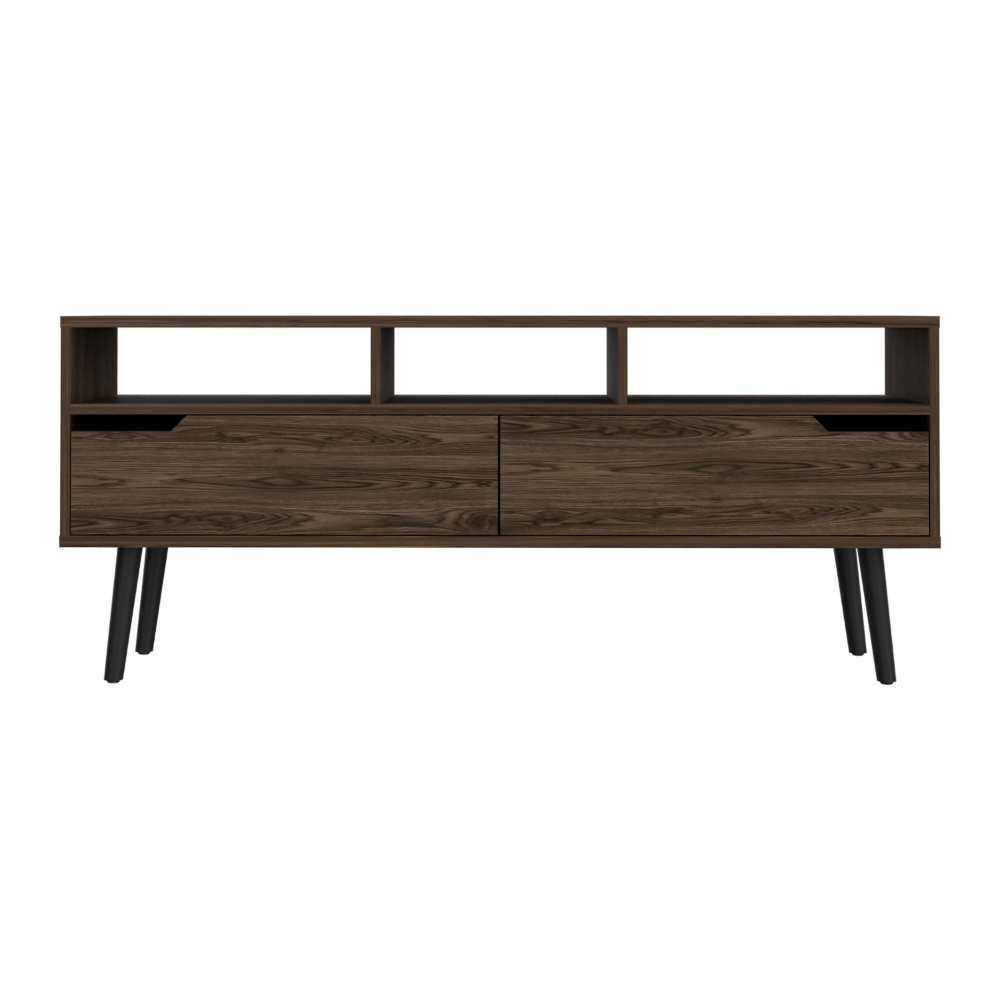 Dark wood entertainment center with open shelves and two drawers on black angled legs