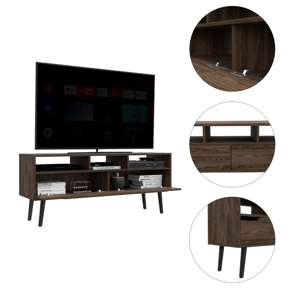 Modern dark wood tv stand with multiple shelves and drawers for media