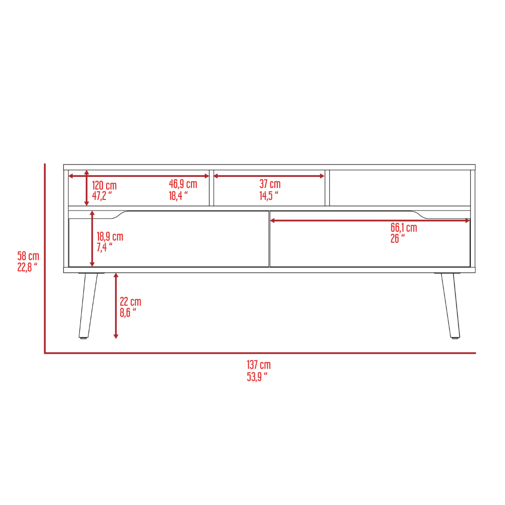Diagram of TV stand with dimensions cm length cm height multiple drawers