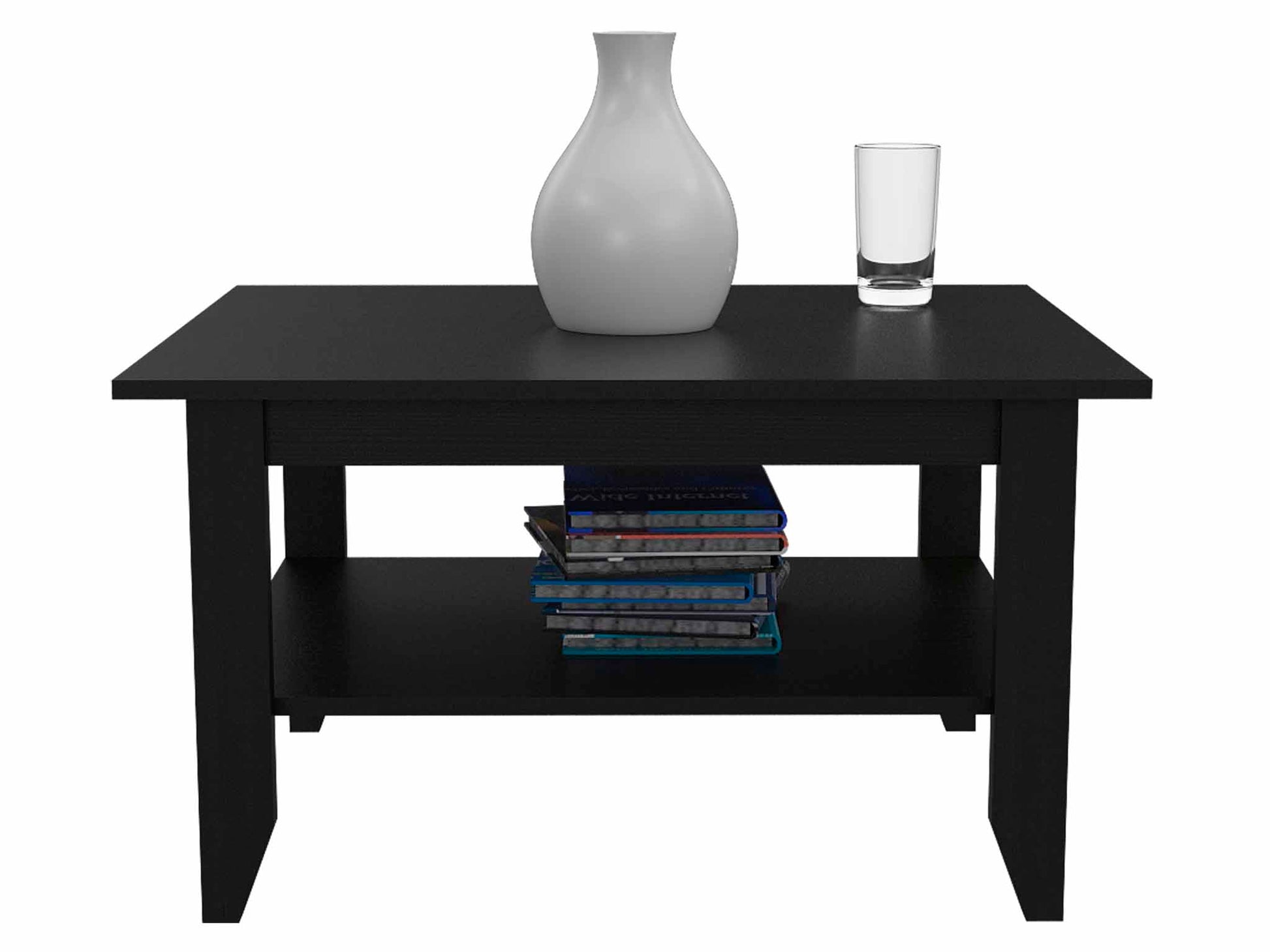 Modern black wood coffee table with a lower shelf holding books perfect for living rooms