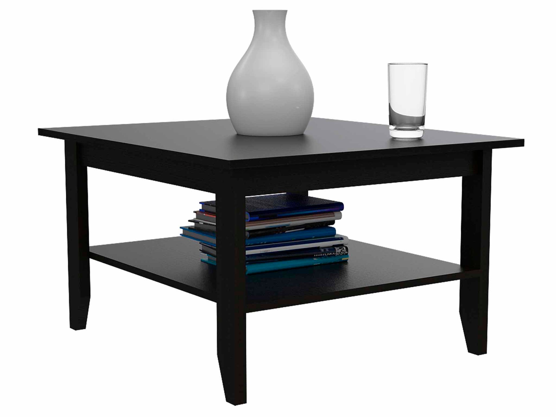 Modern black square end table with two tiers a white vase and a glass