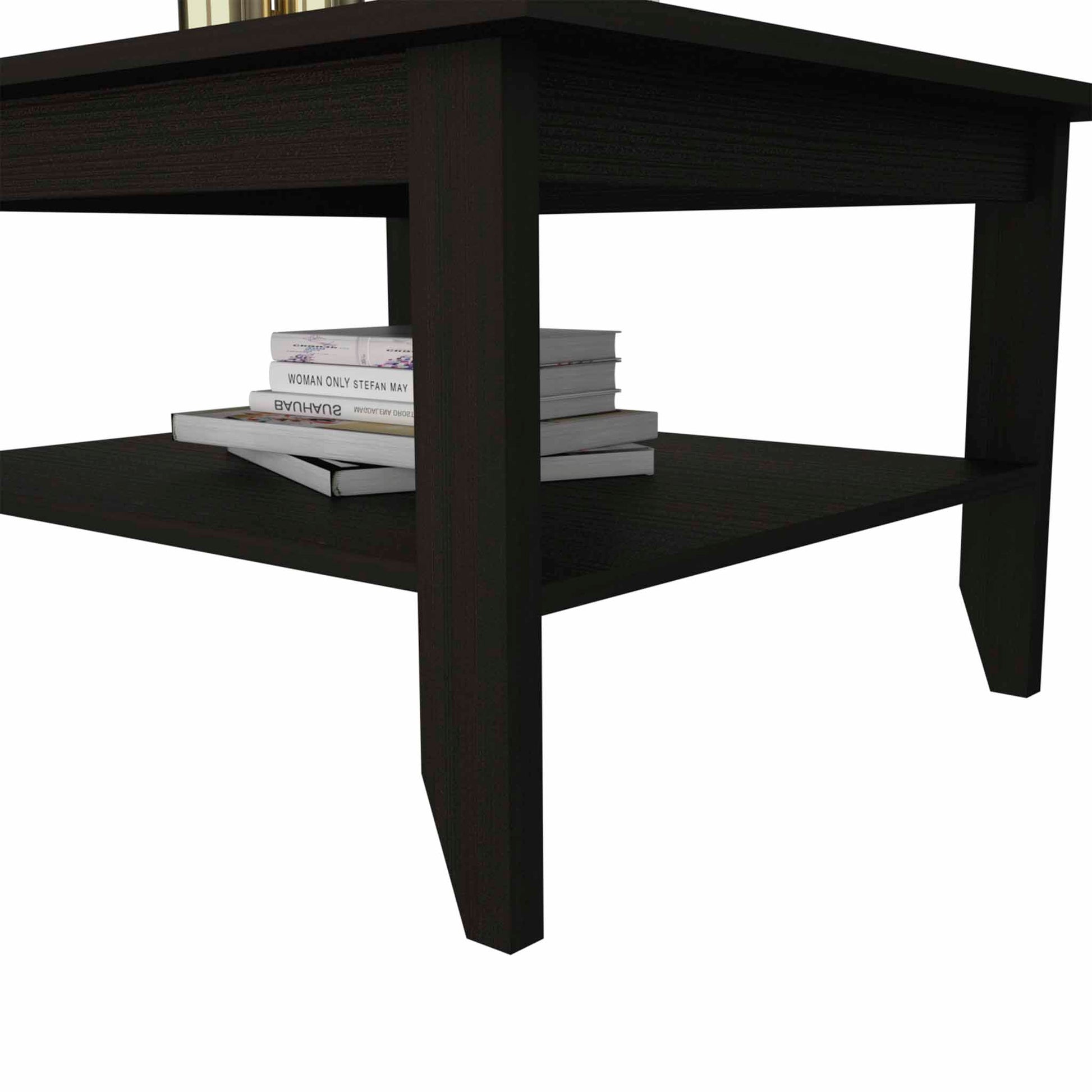Dark brown wood coffee table with lower shelf and books