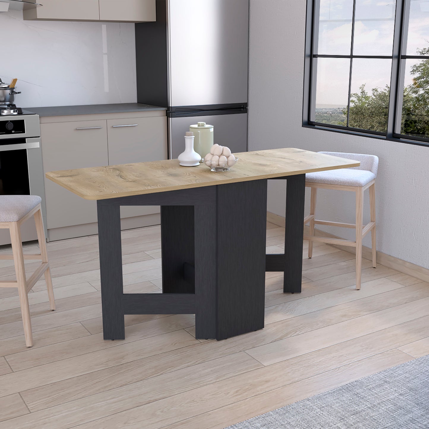 Foldable dining table with light oak top and dark gray base perfect for small kitchens