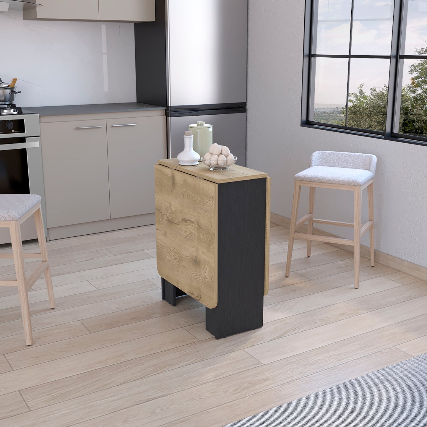 Foldable dining table with oak veneer top and dark gray base ideal for small kitchens