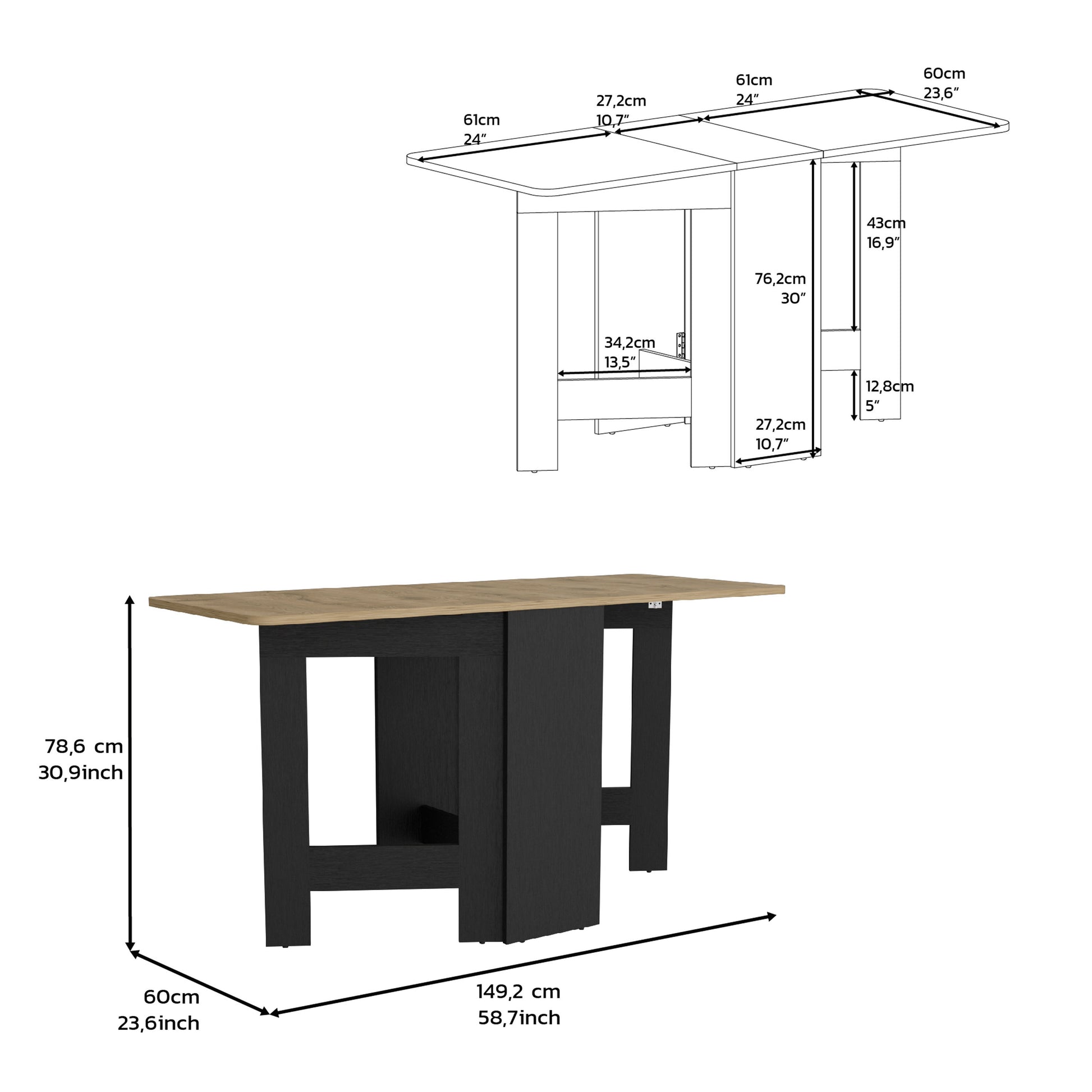 Extendable dining table with oak effect top and black base dimensions shown