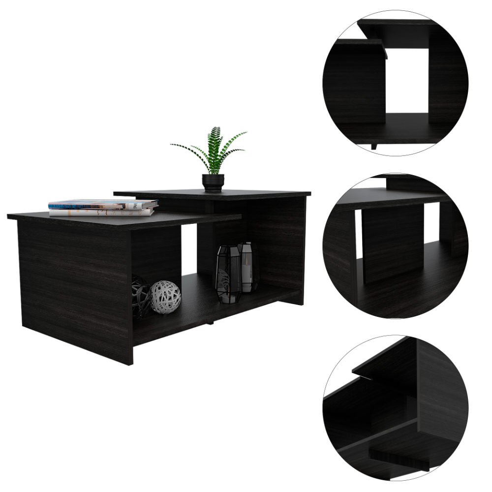 Modern dark wood coffee table with open shelving and staggered tiers