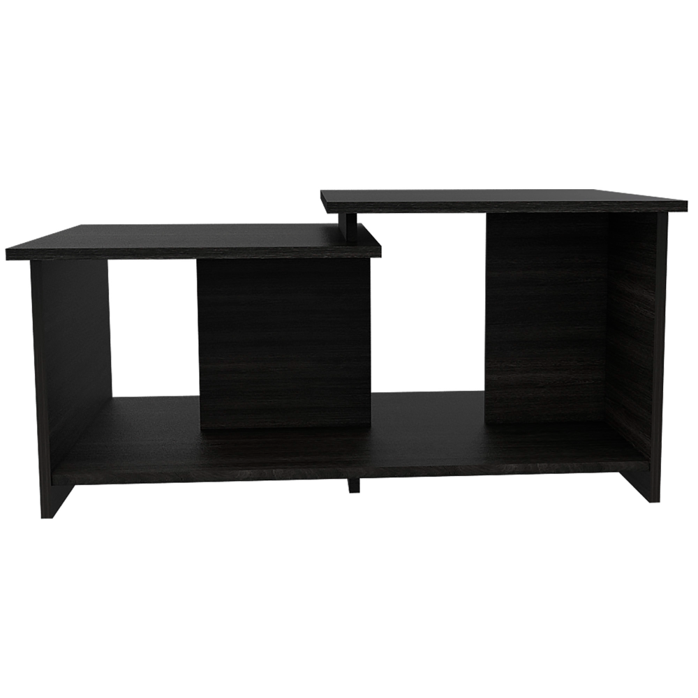 Dark espresso modern media console with open shelving for entertainment centers