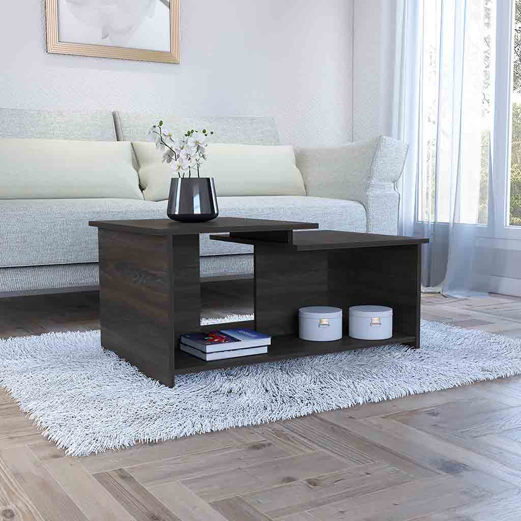Dark wood tiered coffee table with open shelving and modern design