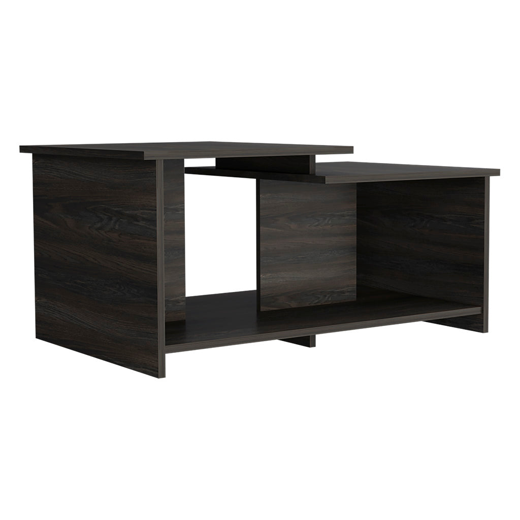 Modern dark wood coffee table with open shelving and staggered top
