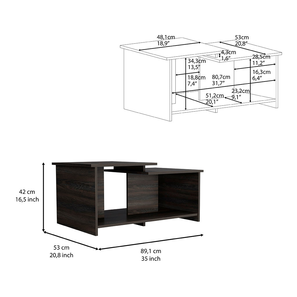Dark wood media console with open shelving and distinct modern design