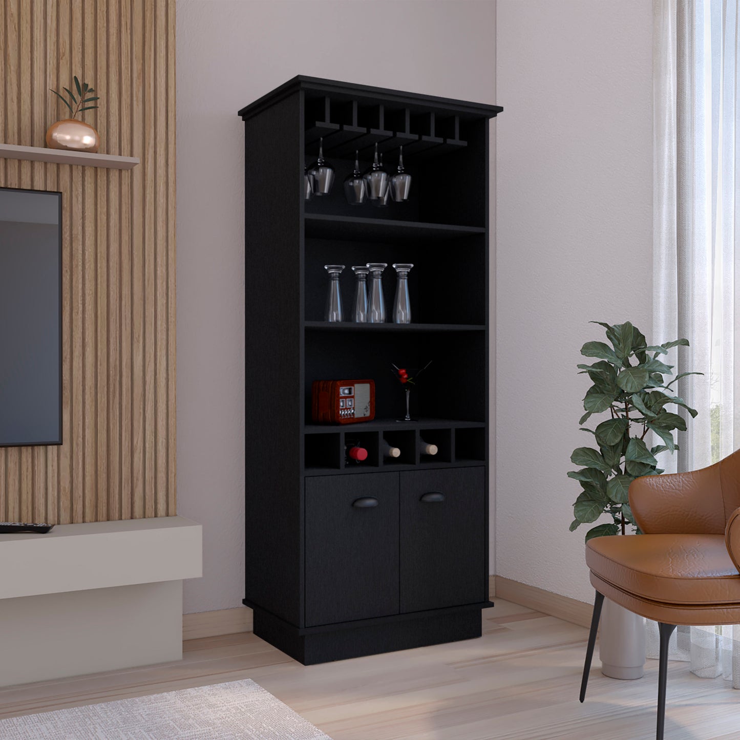 Black bar cabinet with wine rack glass holders and storage cabinets for home bar